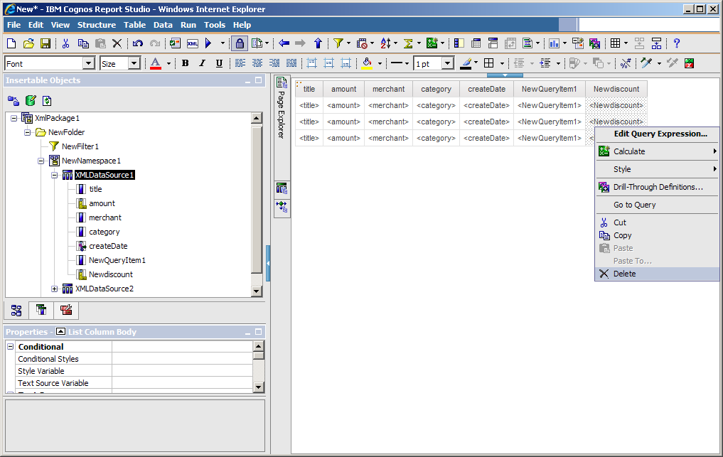 right-click column to delete